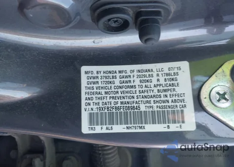 2015 Honda Civic Ex z USA, uszkodzony, nr VIN 19XFB2F86FE089845